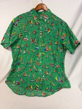 Ralph Lauren Linen Shirt Large Sailboat Nautical Resortwear green